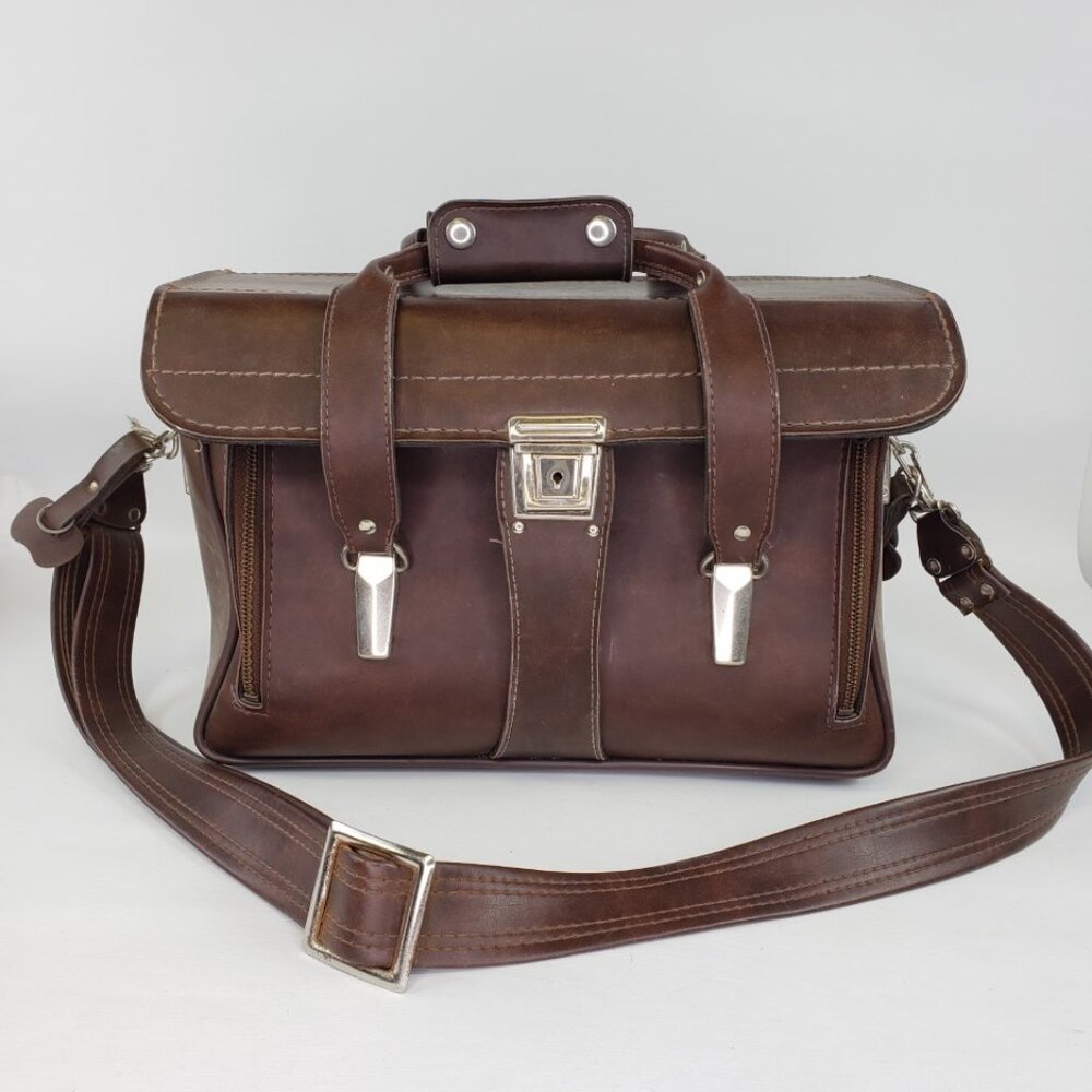 Vintage Brown Leather Hard Side Zipper Drop Front Camera Bag Case 14"X 10"X 7"